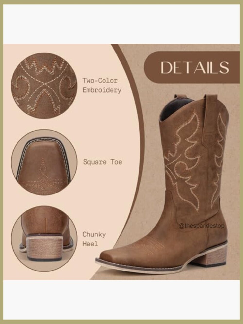 Mid Calf Cowgirl Boots Square Toe Chunky Heel Embroidery Pull On - Picture 4 of 7